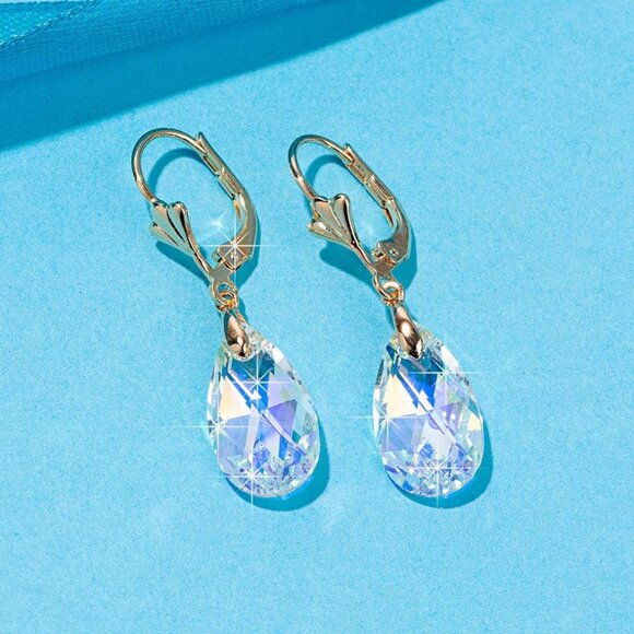 Austrian Crystal Teardrop Leverback Dangle Earrings for Women Fashion 14K Gold P - Picture 7 of 7
